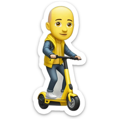 bald man with a flashy yellow cycling helmet on a xiaomi e-scooter whearing a security yellow jacket sticker