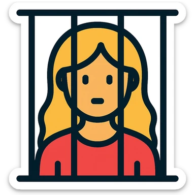 golden girl with long hair stuck behind jail bars, color outline icon sticker