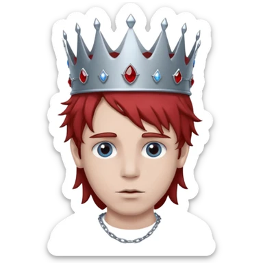 grey boy head with right eye blue and left eye red. he has messy brown hair and a silver crown with rubies on it sticker