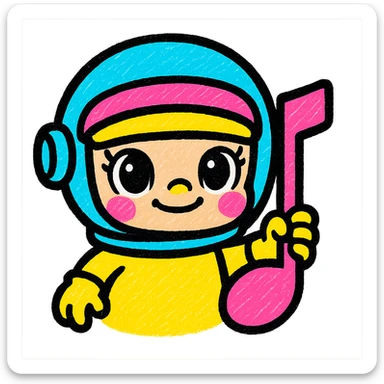 Popmart Space Molly as a Rednote emoji, round face, big expressive eyes, signature astronaut helmet, playful and musical, holding a red musical note, cute and vibrant style sticker