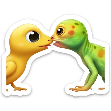 a cute gecko and a cute baby chicken kissing sticker