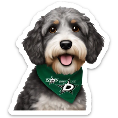 Aussiedoodle wearing a neck bandana with the NHL Dallas Stars hockey team logo sticker