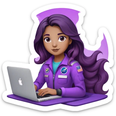 girl astronaut with purple suit, lashes, long ombre black/brown wavy hair and one macbook sticker