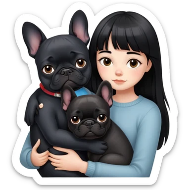 girl with long black  straight bangs hair and hugging one Black French Bulldog sticker