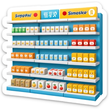 "Minimalist Japanese retail shelf display, identical products placed directly behind one another (same items stocked in depth), different product types arranged side by side, clean spacing, precise symmetry, soft neutral lighting, front-facing packages, ultra-detailed." sticker