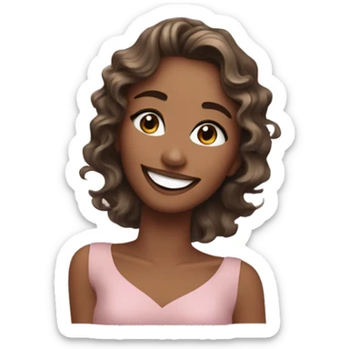 An emoji of a smiling woman with wavy, shoulder-length hair, wearing sparkling eye makeup and a soft, friendly expression. One hand gently touches her face, showcasing her elegance and joy sticker