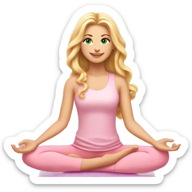 blonde long curled hair and green eyes yoga beautiful girl in light pink pink pink clothes sitting on a yoga mat sticker