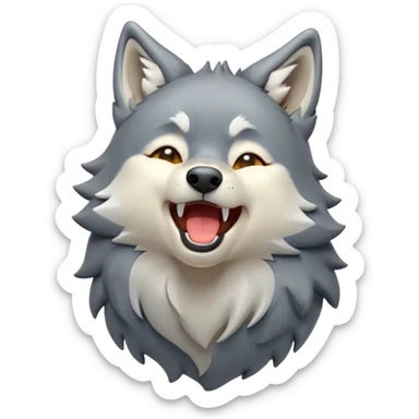 Cinematic Cute Yawning Wolf Portrait Emoji, Head tilted slightly with a dramatic, wide-open yawn, showcasing a smooth grey and white Fur with drooping ears, round eyes barely open in drowsy contentment, Simplified yet irresistibly adorable features, highly detailed, glowing with a soft, cozy glow, high shine, relaxed yet expressive, stylized with a touch of wild whimsy, bright and endearing, soft glowing outline, capturing the essence of a sleepy yet affectionate wolf, so drowsy it feels like it could stretch out of the screen and curl up for a nap! sticker