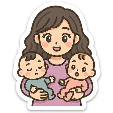 cute young woman with expressive facial features and eyes, long wavy hair, holding two babies in bodysuits, icon-color-outlined style, detailed shadows and highlights, thin clean contours, soft rounded shapes, pastel palette #98B5BC, #B5B3C1, #C9A3C9, #E4C0CA, #F7DCD1, #F7C0AA, modern Japanese pop art and sticker aesthetic, soft lighting, transparent background sticker