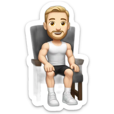 Pale skinned Fit Man With the biceps and dark brown hair in black shirt, gray sports shorts and white Sneakers Sitting on a chair sticker