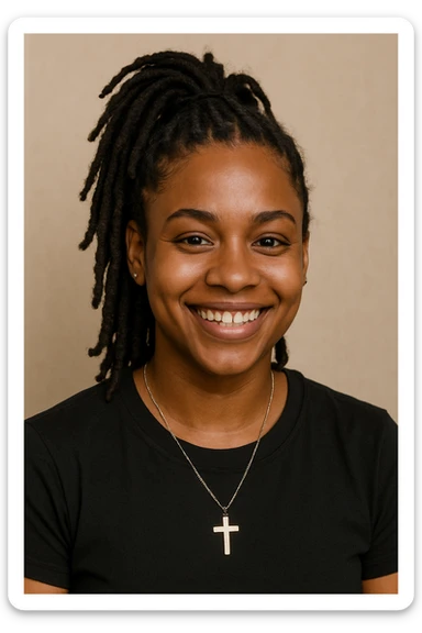 portrait of a brown-skinned person with a cross necklace and dreadlocks in a high ponytail, smiling, simple background sticker