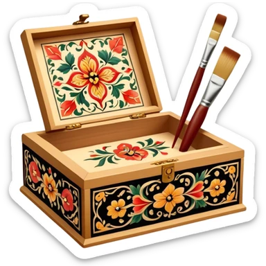Wooden box painting icon, traditional Palekh or Khokhloma patterns being painted on a wooden box, paintbrush and fine details visible, the box in the process of decoration, visible tools like brushes and paints, minimalistic style, clean lines, transparent background. sticker