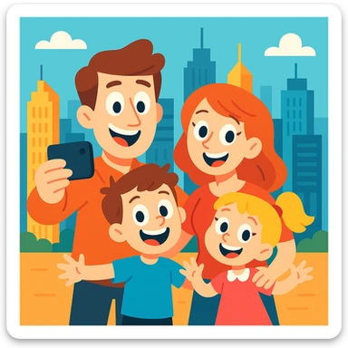 cartoon family taking a selfie in front of city skyscrapers, playful, bright colors, vibrant toon style sticker