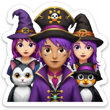 Um homem vestido de pirata,um gato de mágico,uma mulher de cabelos roxos e um pinguin vestido de bruxa sticker