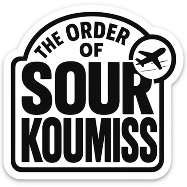 A retro 90s logo for 'The Order of Sour Koumiss' with bold typography and a subtle travel-related icon, in black and white sticker
