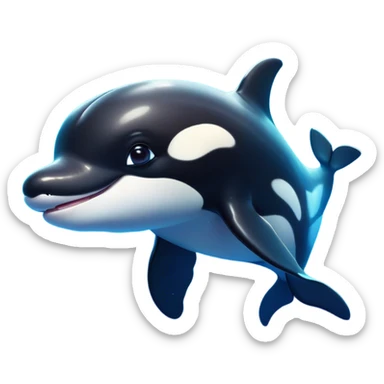 Cinematic Cute orca Portrait Emoji, Head tilted playfully and inquisitively, featuring a smoothly rounded body with bright, sparkling eyes and an adorable, friendly smile, Simplified yet irresistibly adorable features, highly detailed, glowing with a warm, ocean-blue glow, high shine, affectionate and lively, stylized with a touch of whimsical aquatic charm, soft glowing outline, capturing the essence of a mischievous yet endearing orca that seems as if it could leap right into your heart! sticker