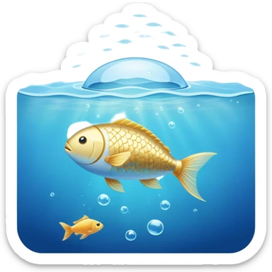 Golden capsule floating in gentle blue water currents, with a translucent fish swimming around a glowing brain. Soft light waves emanating from the brain creating a calming effect. The scene has an ethereal, dreamlike quality. sticker