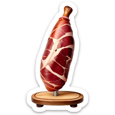 _cinematic-realistic-spanish-ham-leg,-depicted-as-a-massive,-cured-leg-of-jamón-serrano-(ham)-with-a-deep-reddish-brown-hue on the outside,-intricately-marbled-and-slightly-glossy-with-age,-elegantly-displayed-on-a-rustic-wooden-stand-and-bathed-in-warm sticker