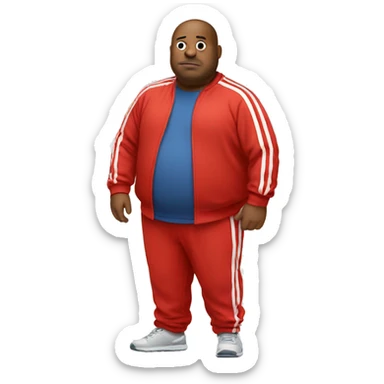 fat man in red sweatsuit with white stripe down middle sticker