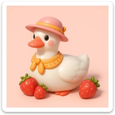 ios 3d style, white duck with a pink hat and yellow scarf, with two strawberries sticker