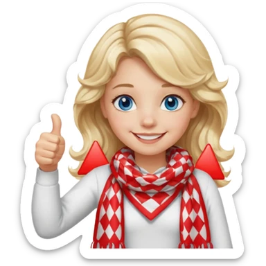 Blonde Girl, Blue Eyes, wavy hair, smiling, thumbs up, wearing red Checkered Triangle scarf, white dress sticker