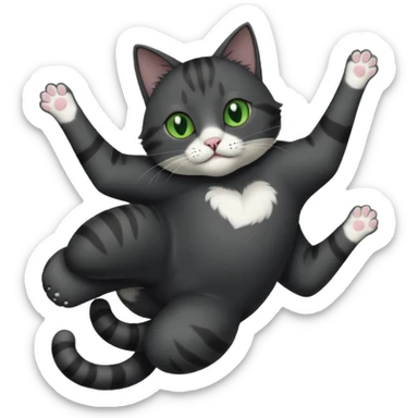 solid dark grey cat with green eyes, white toes/paws and white patch on her chest playfully rolling upside down sticker
