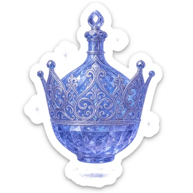 luxurious crystal elixir bottle shaped unmistakably like a crown (not a flask), color #7986cb, ornate multi-layered holographic and silver filigree, intricate crystal texture, magical glowing and sparkling effects, radiant light beams, very small neck, seamless and beautifully rounded closed bottom (not flat or open like glass), transparent background, bottle clearly floating in air, no base or shadow, not standing, modern, collection style, extremely beautiful and refined, elegant crown silhouette sticker