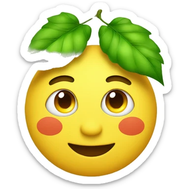 A yellow relaxed emoji face with reddish eyes. And with small dust clouds and green leafs around him sticker