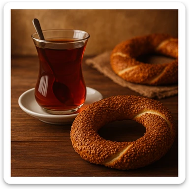 a cup of tea with a simit, the classic duo of Turkish breakfast, creating a warm and cozy atmosphere sticker