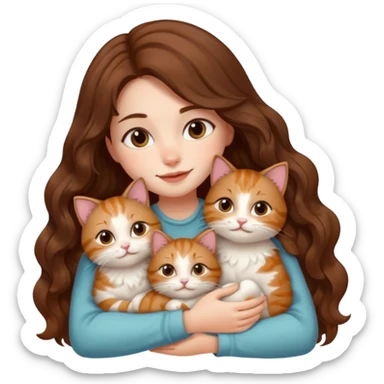 girl with long wavy brown hair cuddling with 6 cute cats sticker