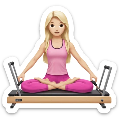 long haired blonde pilates instructor teaching reformer in pink set sticker