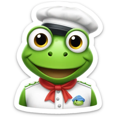 Frog with red and white store uniform with a cute formed sticker
