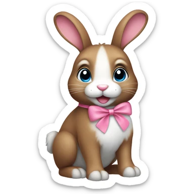 cute brown bunny with pink bow, one leg white, other gray, blue eyes, more light sticker