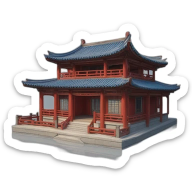 the facade of a medium-sized Chinese-style house with a blue roof and red wooden structures sticker