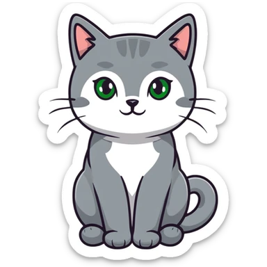 Elegant gray cat with smooth fur, large green eyes, serene expression, sitting facing camera sticker