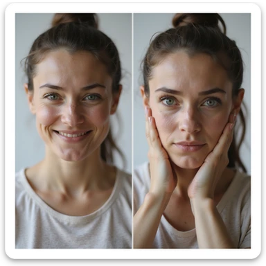 realistic 4K woman wearing an insole, smiling relieved in first steps, then expression changes to slight discomfort to show momentary benefit sticker