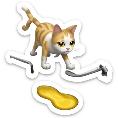 A cat with crutches slips on a puddle of mustard sticker