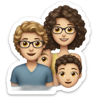 white family group consisting of man with short hair and blue eyes, woman wih dark curly hair, boy with glasses and brown hair, 2 girl with brown hair sticker