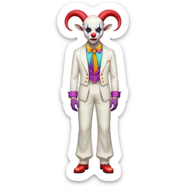 full-body demonic clown in a white leisure suit with bellbottom pants, bald, black ram horns, elevator shoes, flashy belt, ruffled shirt, colorful tie sticker