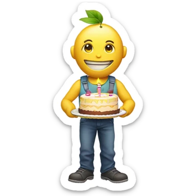 A  humanoid lemon with a birthday cake sticker