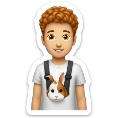 Garçon avec cheveux bouclé roux avec un lapin noir et blanc sticker