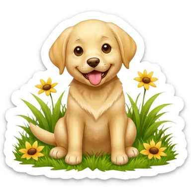 A yellow Labrador Retriever sitting on a grassy field, smiling with its tongue out under bright sunlight. Realistic lighting, outdoor park setting, friendly expression, high detail. sticker