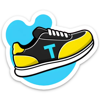 Minimalist sticker with white 'tt' letters on a black circle with cyan, magenta, and yellow dots below, sneaker with street style influence sticker