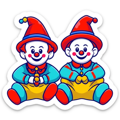 two clowns playing musical chairs, whimsical cartoonish style sticker