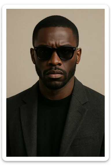 black man with sunglasses, serious expression, fashionable, neutral background sticker