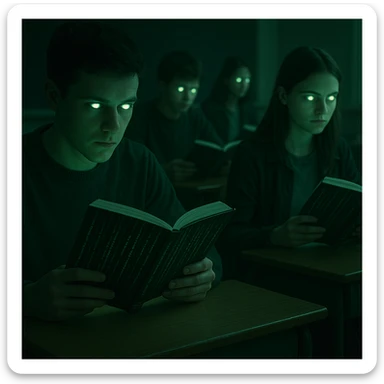 students sitting at desks, glowing eyes and lost gaze, reading manuals with covers showing Matrix code, manipulation atmosphere, cold and green lights, 4K quality sticker