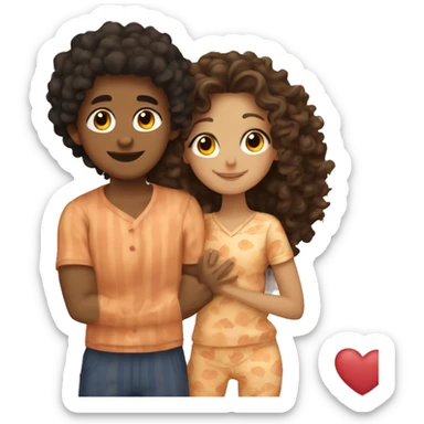 a curly brown haired girl slightly tanned hugging a tanned guy with curly black hair wearing cute pjs sticker