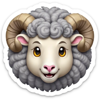 Cinematic Comical Ram Portrait Emoji, Head tilted dramatically with an exaggeratedly amused expression, featuring a striking woolly grey fur with impressively curled horns, wide, expressive dark eyes filled with playful disbelief, Simplified yet hilariously expressive features, highly detailed, glowing with a slightly sassy glow, high shine, dramatic yet playful, stylized with an air of cheeky mischief, bright and endearing, soft glowing outline, capturing the essence of a spirited and over-the-top ram, so meme-worthy it feels like it could butt its way into internet fame instantly! sticker