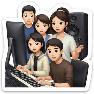 asian male and female in a music studio. one is looking at the computer and two more watching sticker