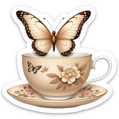 A delicate butterfly with pastel beige  wings, resting on the edge of a perl porcelain teacup adorned with intricate brown floral patterns. sticker